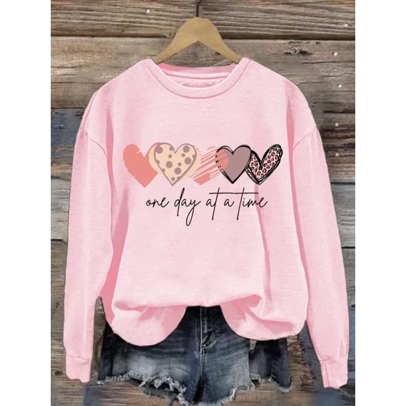 ilstile Women's Love One day at a time Print Sweatshirts Autumn Long Sleeve Casual Loose Round Neck Hoodies Pink Hot Sale