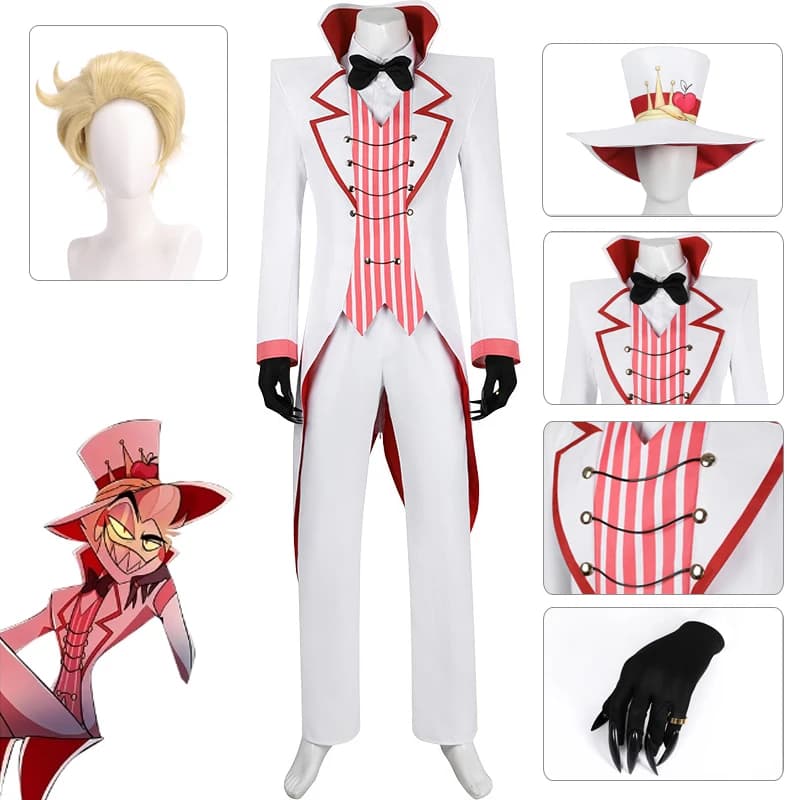 Disponibile XS-2XL Lucifero Hazbin Costume Cosplay Parrucca Cappello Anello Anime Uniforme Giacca Pantaloni Guanti Abiti da festa di Halloween per uomo