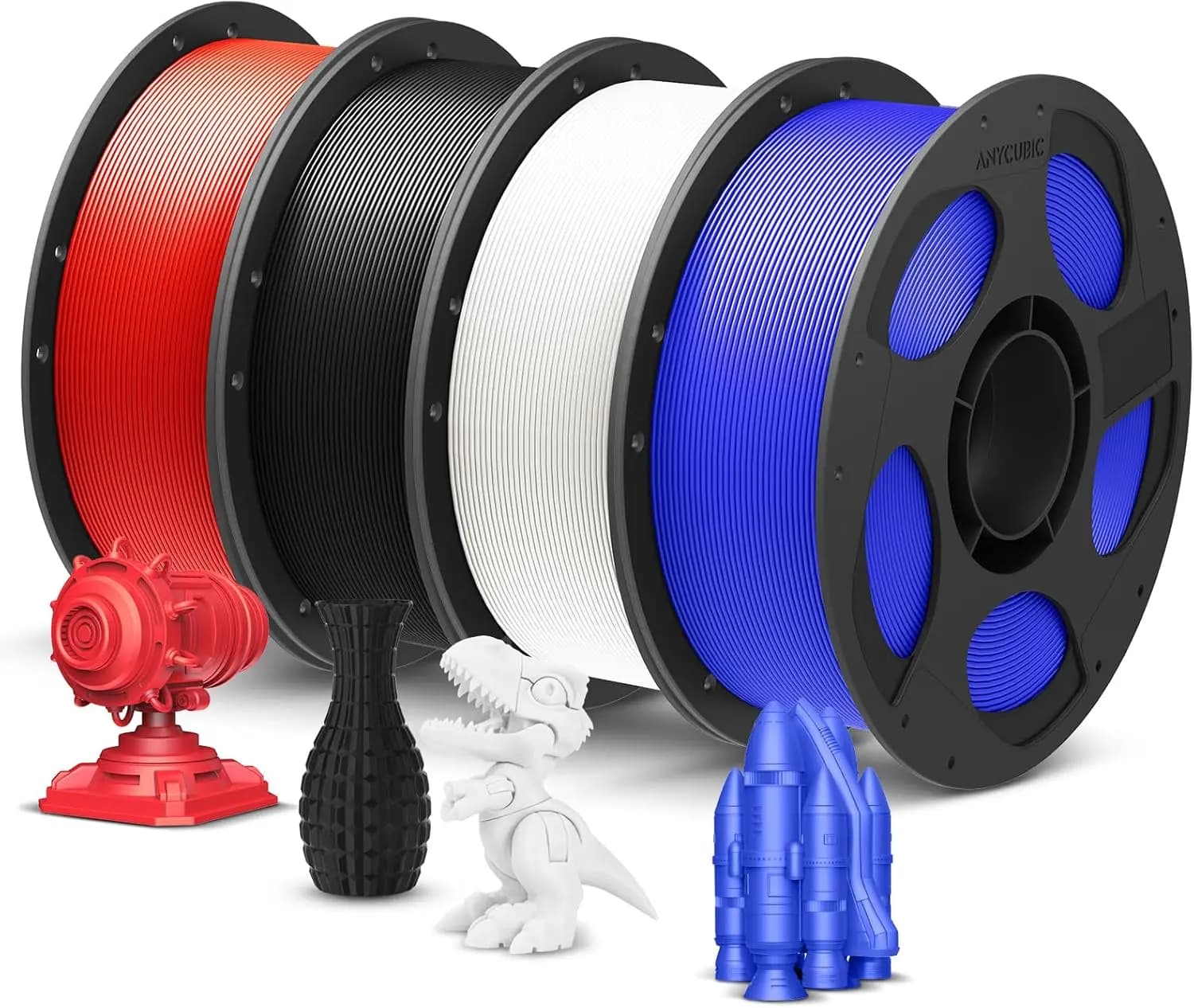 Filamento PLA+ per Stampante 3D 1.75mm, Alta Resistenza, Precisione ±0.02mm, Confezione da 4 Bobine da 1KG Riutilizzabili, Nero Bianco Blu Rosso