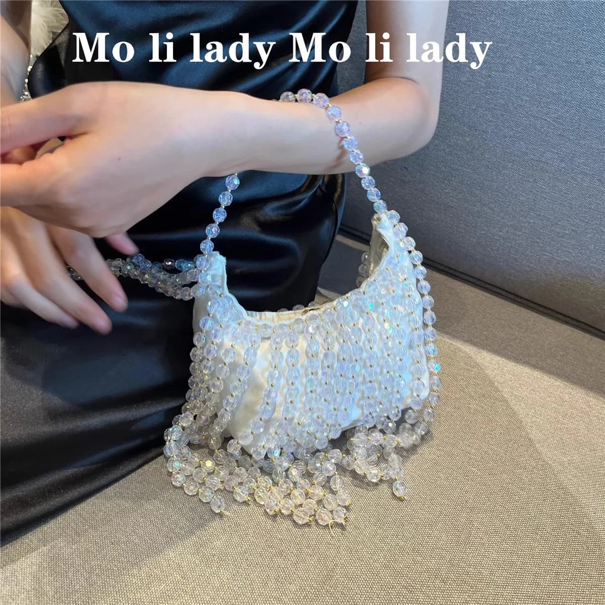Perline di moda Perline Nappa intrecciata fatta a mano Borsa da donna Borsa da sera in raso di lusso Borsa a tracolla con pochette per festa di nozze