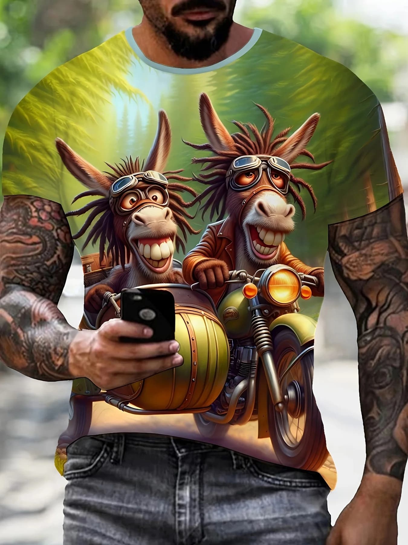 T-shirt da uomo con stampa Donkey on Moto - Top divertente unico a maniche corte, stile versatile estivo casual alla moda di strada