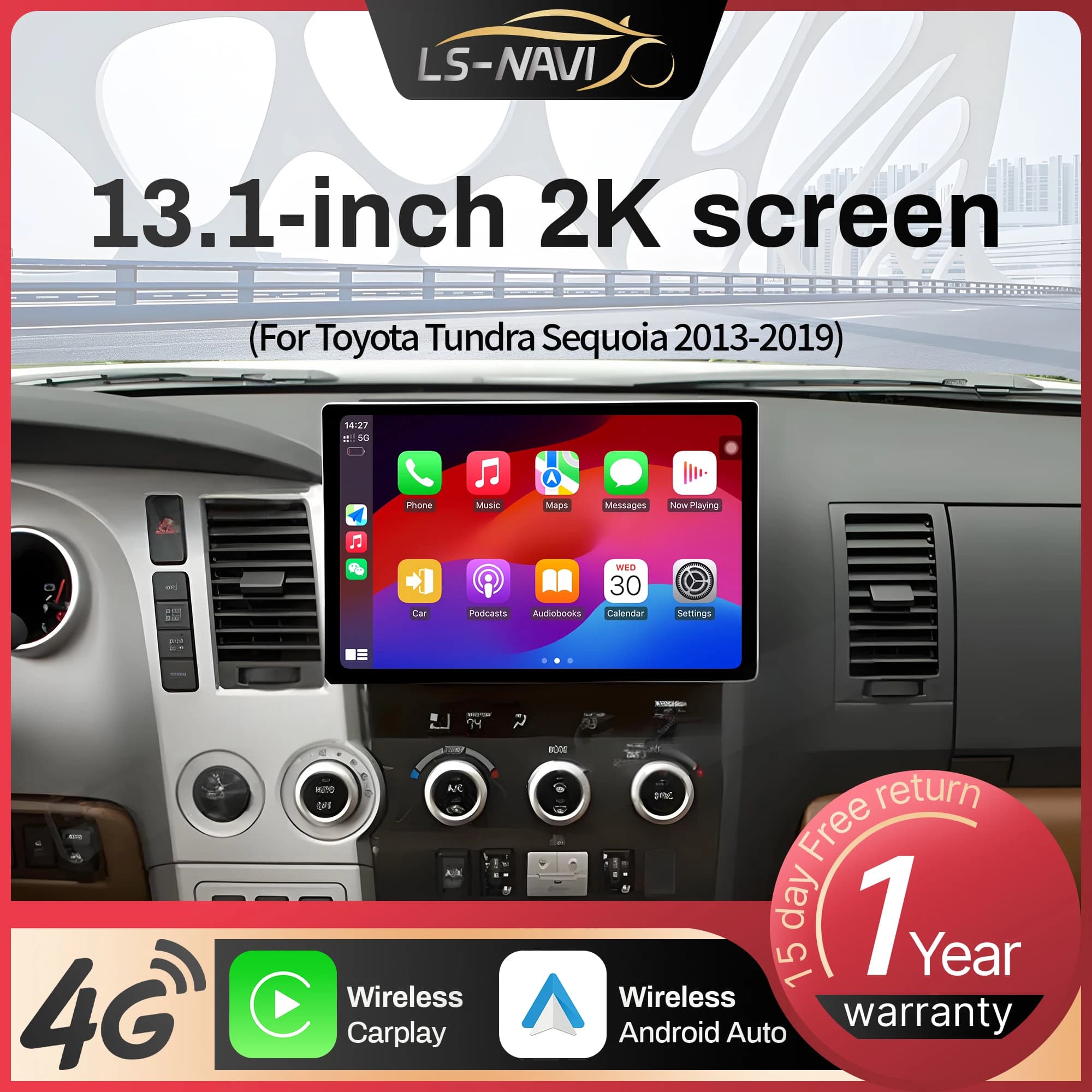 13.1” Android For Toyota Tundra Sequoia 2013-2019 Car Radio Wireless Bluetooth Carplay GPS Multimedia Touch QLED Screen Stereo