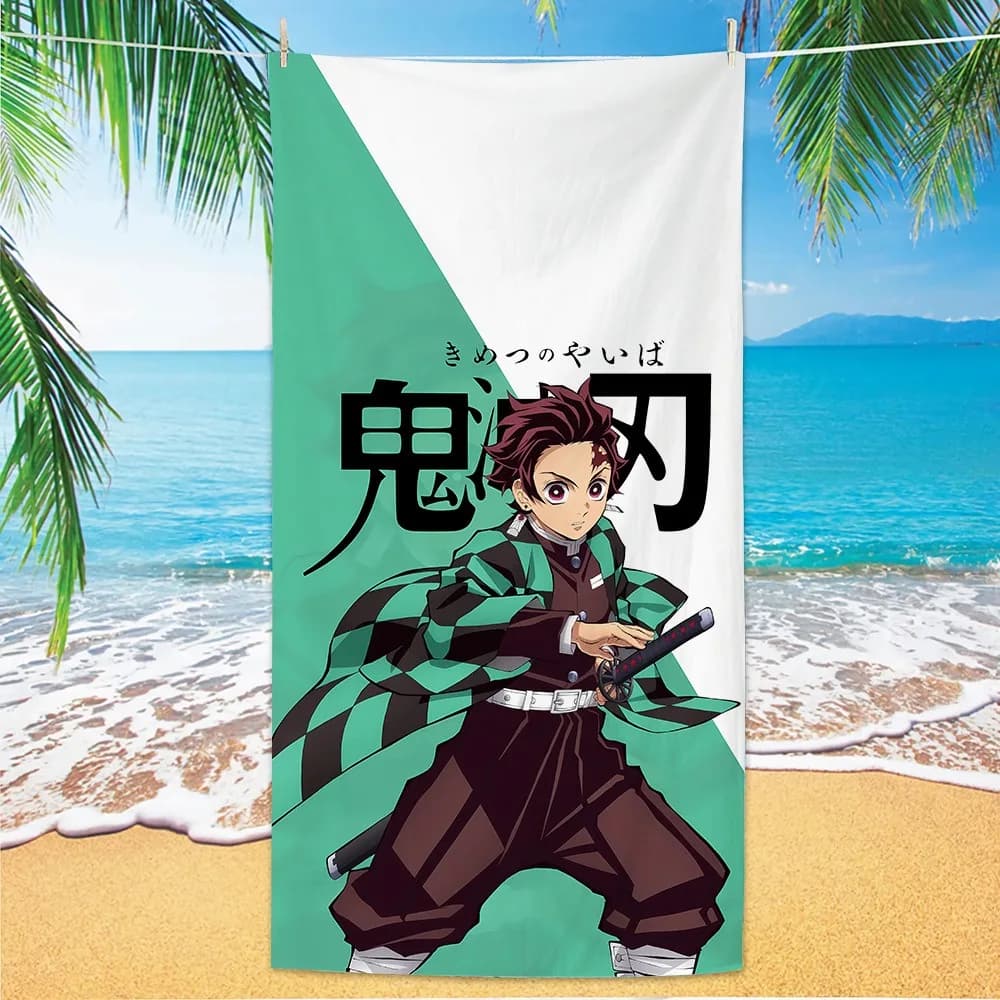 Asciugamano da spiaggia ad asciugatura rapida con cartoni animati 3D D-Demon Slayer, asciugamano da nuoto, morbido e assorbente, leggero, per viaggi all'aperto, regalo