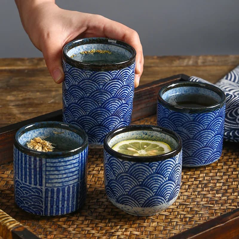 1PC Seawave Pattern Ceramic Coffee Cup, Japanese Retro Simple Tea Mug for Sushi Restaurant Home Kitchen Drinkware