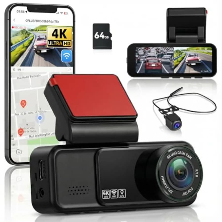 Sistema di telecamere per auto con doppia telecamera anteriore 4K e posteriore 2K, GPS e WiFi integrati, registrazione in loop, visione notturna, sensore G, monitoraggio 24 ore su 24