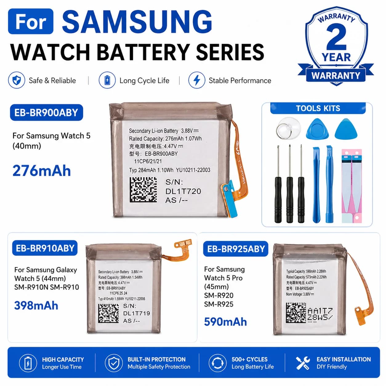 Batteria di ricambio nuova di zecca per smartwatch con strumenti per Samsung Galaxy Watch5 40MM 44MM Watch 5 Pro 45MM