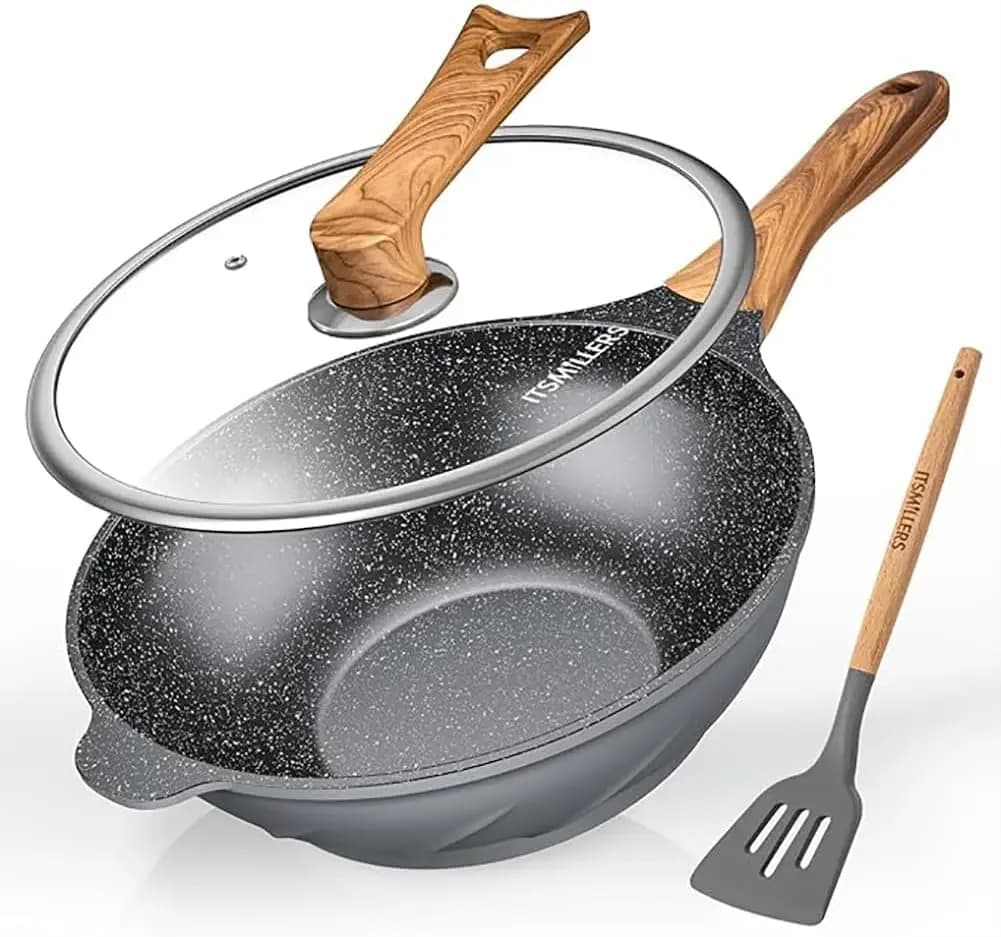 Wok Antiaderente e Padella per Saltare in Padella da 12,5 Pollici con Spatola, Wok Salutare in Alluminio Pressofuso Resistente ai Graffi con Coperchio Autoportante