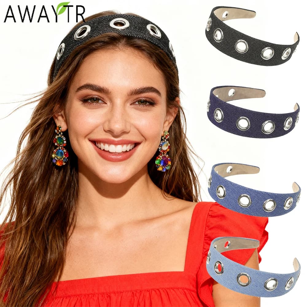 AWAYTR ‌Punk Denim Hollow Rivets Hairband Wide Fabric Leather Hair Bands Plastic Hoop Braided Headband Festival Headwear