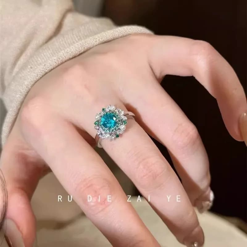 Ring with Jacaranda Flower Blue~ Luxury Openable Ring with Cool Blue Diamond and Paraiba