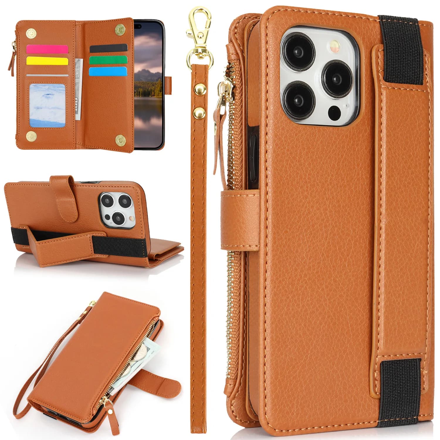Leather case with zippered Solt wallet for iPhone 16 15 14 Plus 13 12 11 Pro Max Cavalry Support Cash pocket