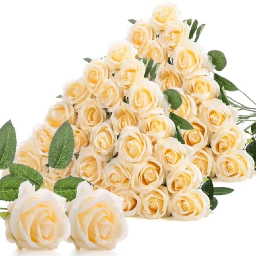 60 Pezzi Rose Artificiali in Seta con Steli Lunghi, Bouquet Realistico di Rose Finte per Centrotavola Matrimoniali e San Valentino