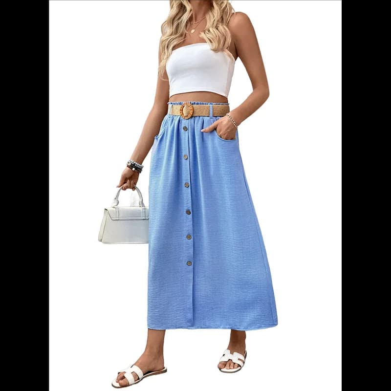 ABRT-Women's Belted A-Line High Waist Button Skirt With Pockets