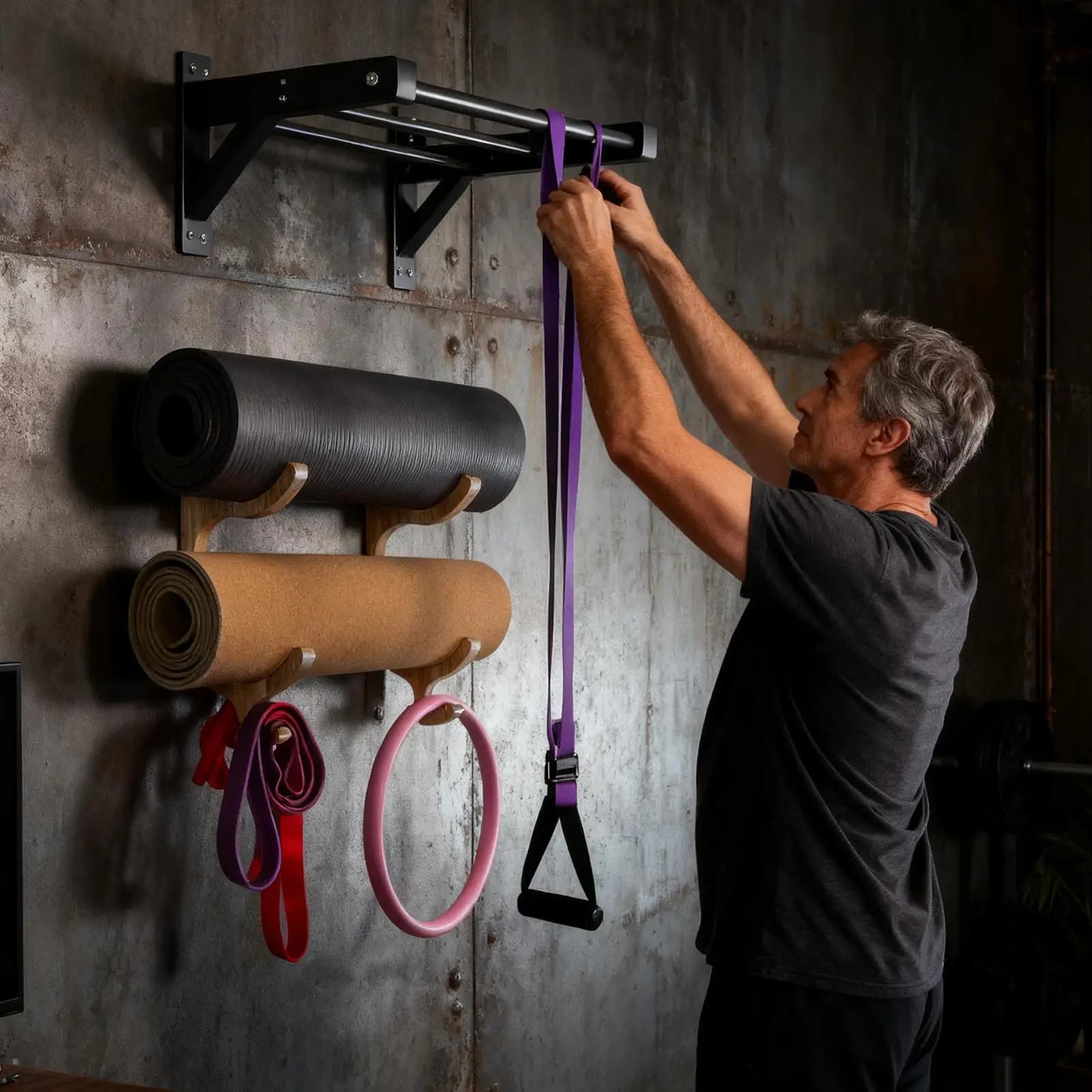 Supporto per tappetino da yoga Supporto da parete Organizzatore in legno 1 paio Supporto per tappetino da yoga per parete per fascia di resistenza per cerchio fitness Corde per saltare Palestra