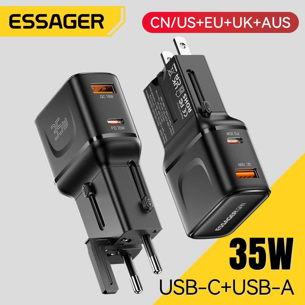ESSAGER 35W GaN Charger Dual Port Global Travel Adapter with Multi-Protocol Fast Charging for Laptop Phone Universal Charger