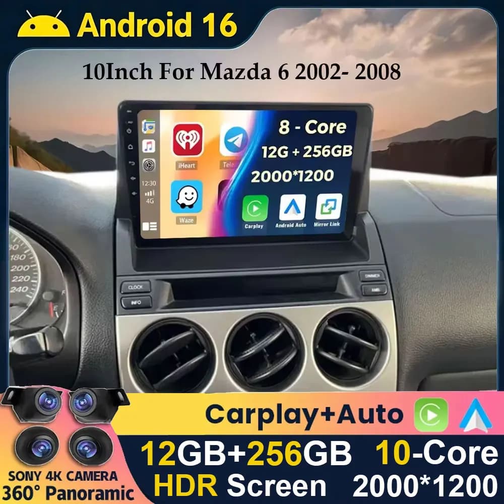 Android 15 Auto For Mazda 6 2002- 2008 Autoradio Stereo Multimedia GPS Video Navigation Carplay Bluetooth Mirror Liink camera