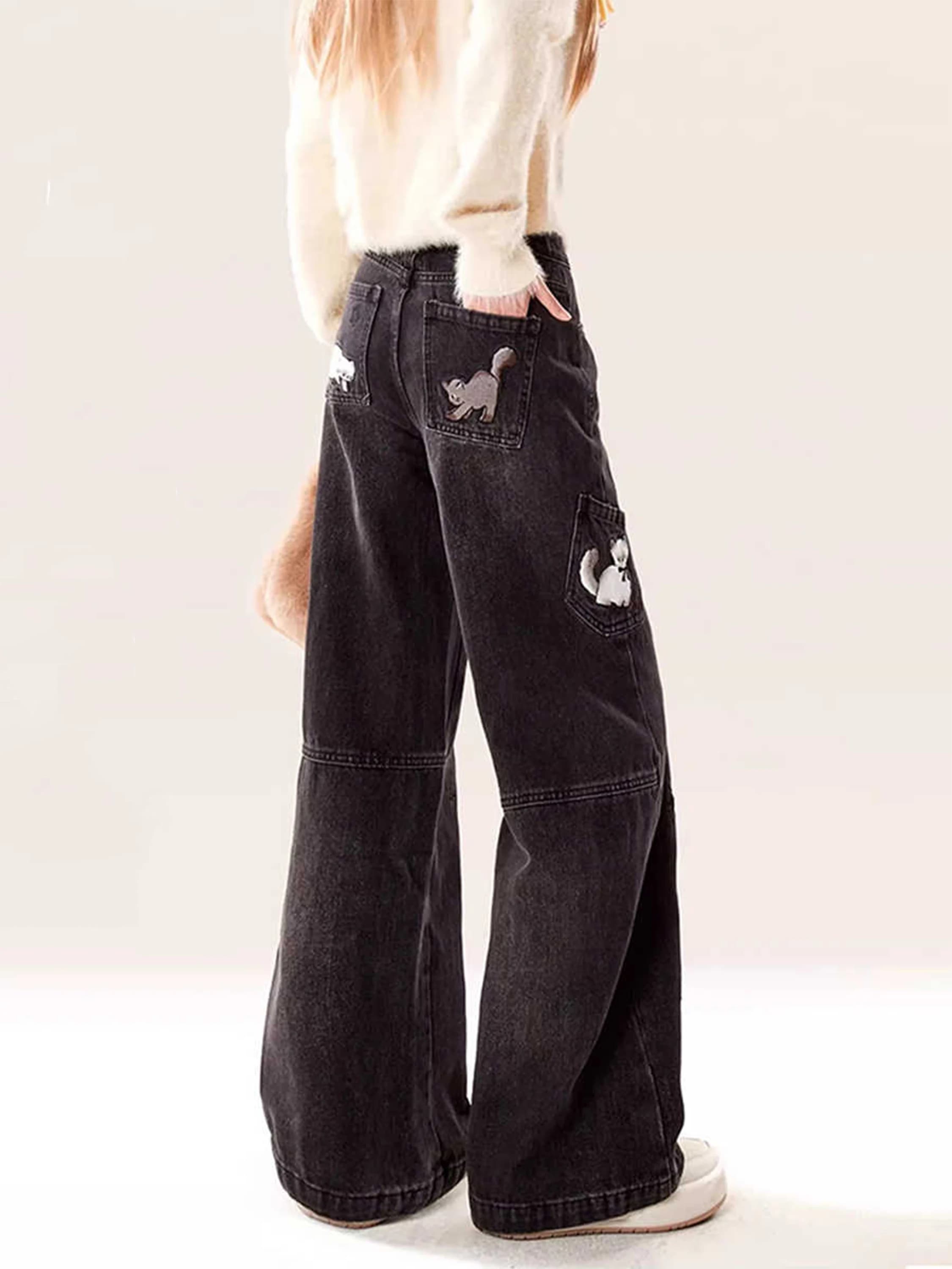 Donna Nero Goth Y2k Jeans larghi Cartoon Cat Pantaloni in denim oversize Pantaloni jeans stile vintage giapponese anni 2000 Emo Trashy Clothes