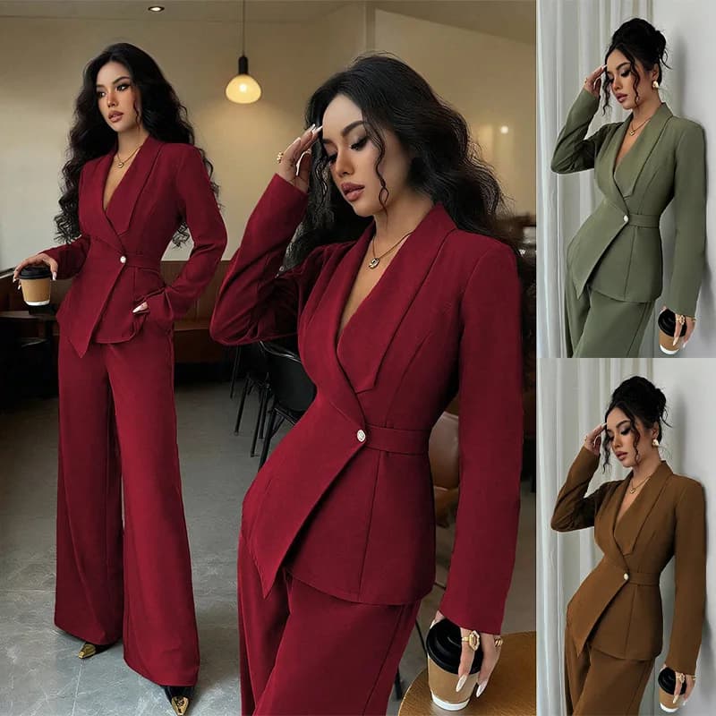 Autumn Women's Charming Fashion Long Sleeve Suit Jacket and Straight Pants Two-piece Set for Commuting, Party and Shopping