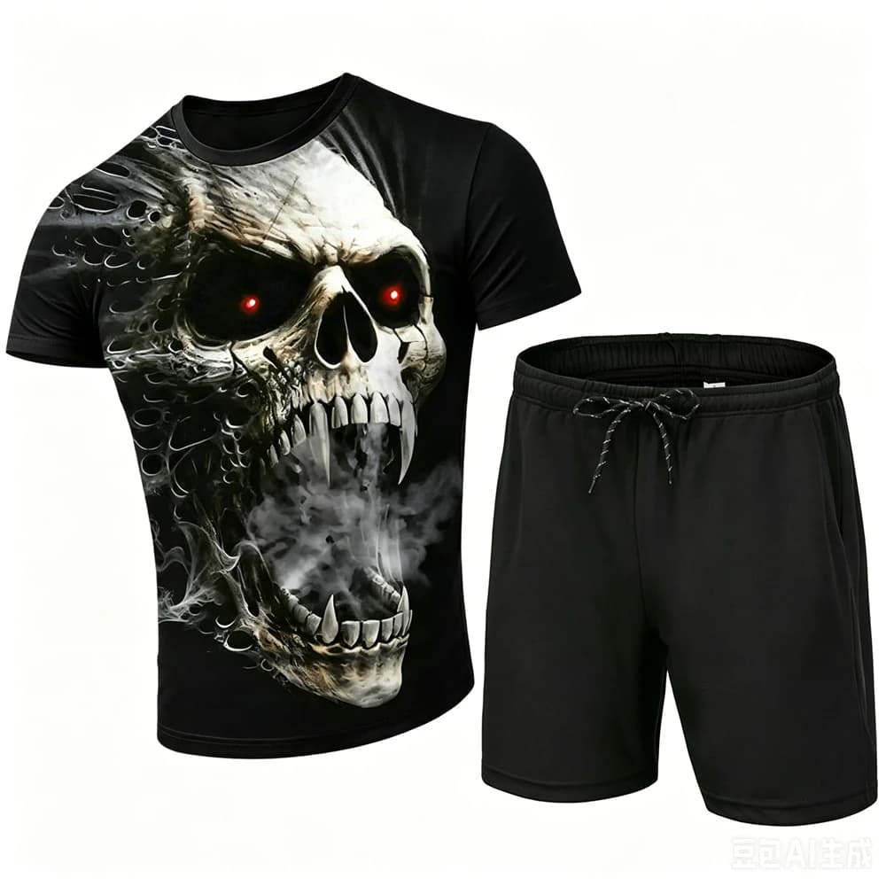 Fashion Summer Men's Sets Funny 3D Skull Print Short Sleeve Tees and Shorts 2 Piece Street Hip Hop Sports Suit Outfit Man Outfit