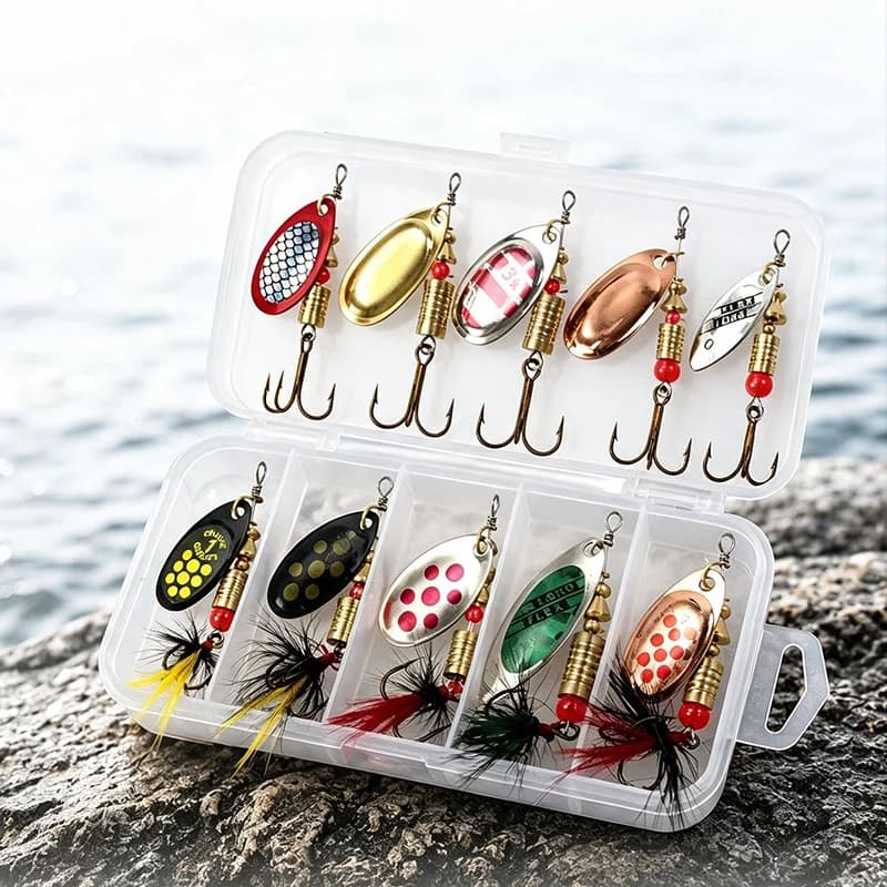10PCS Fishing Lures Spinnerbait with Feathered Treble Hooks Metal Inline Spinners Spoon Lure for Freshwater Saltwater