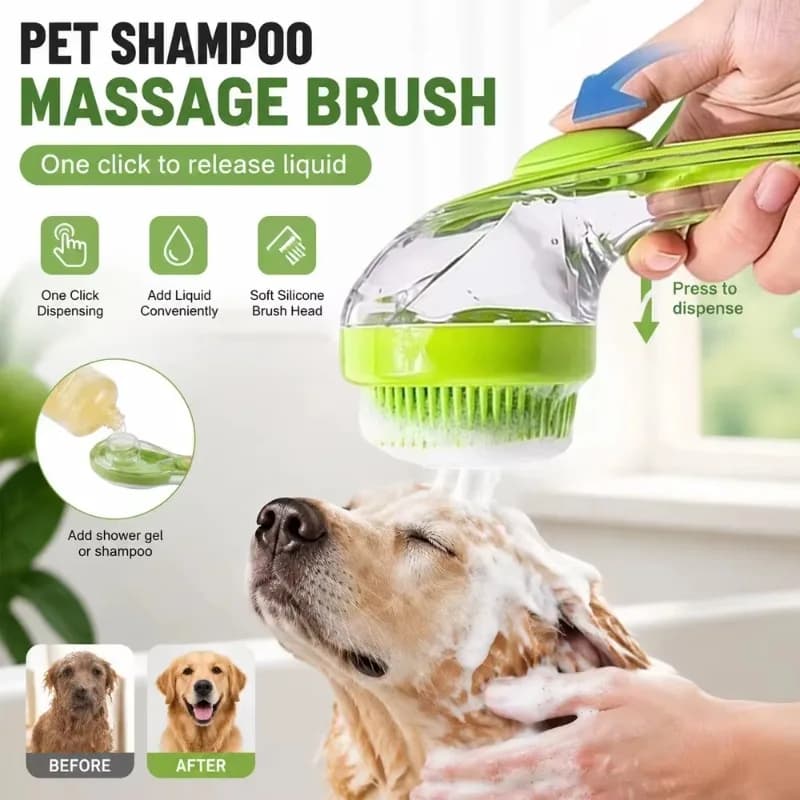 Long Handled Silicone Pet Bath Brush For Dogs And Cats Dispenses Shampoo Provides Cleaning Massage