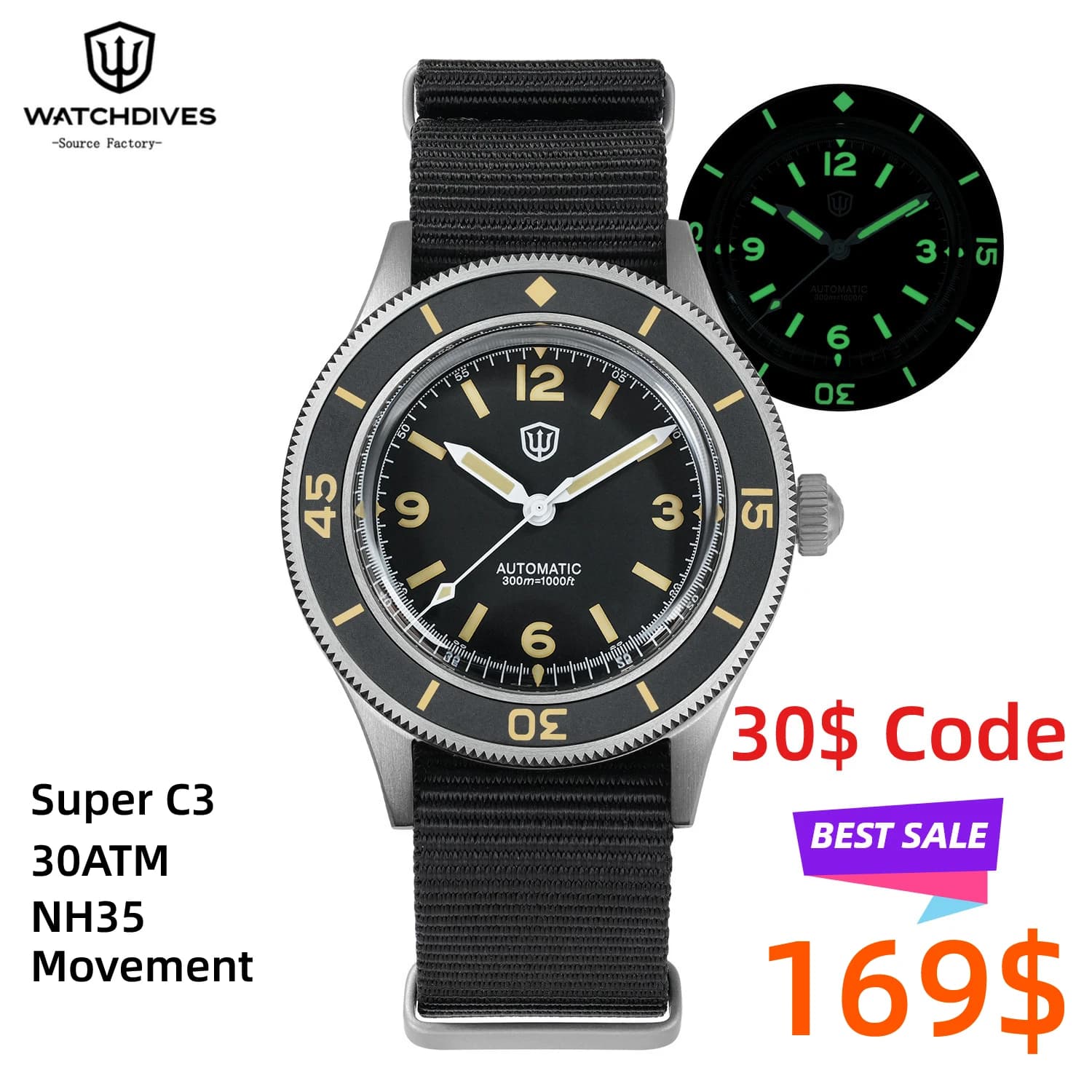 Watchdives WD50Ti Orologio subacqueo automatico in titanio 300M NH35 Orologio meccanico da uomo Lunetta in ceramica con zaffiro Super Luminova C3 BGW9