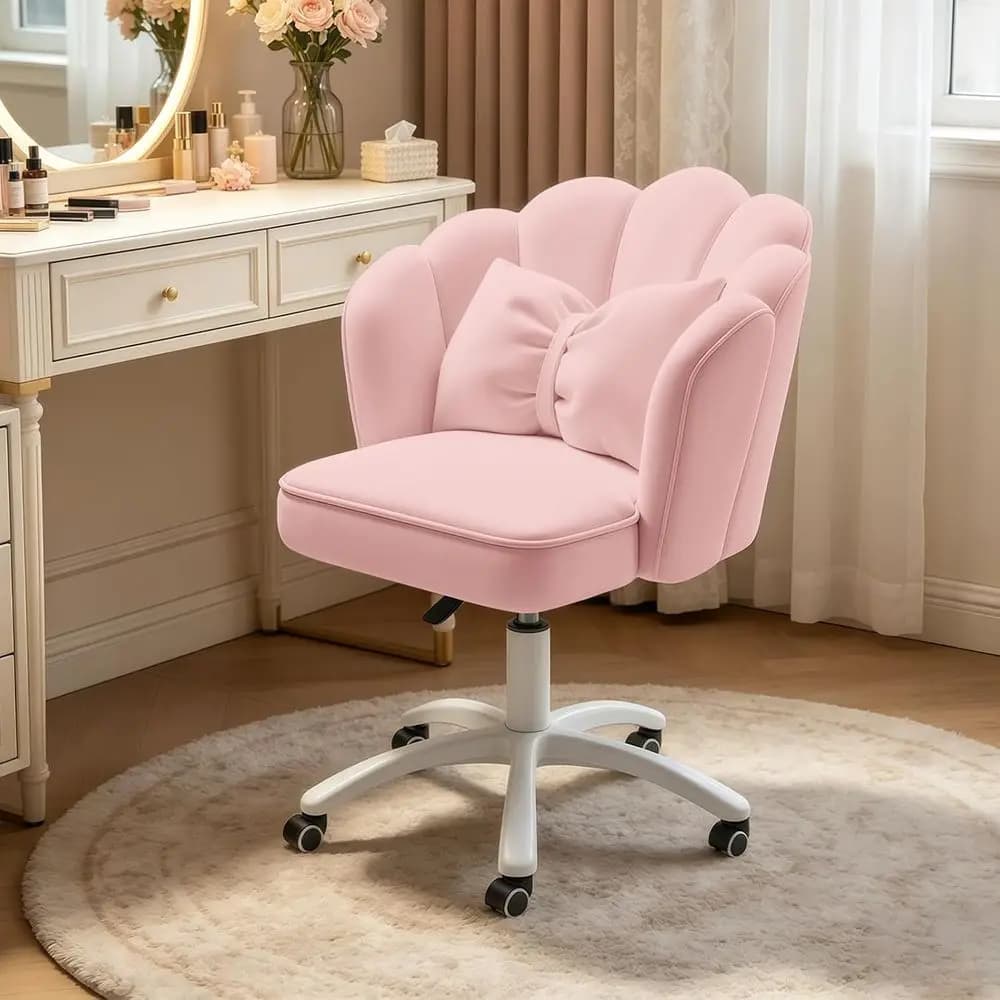 Velvet Bow Cushion Swivel Chair with Wheels, Upholstered Desk Chair for Home Office or Living Spaces