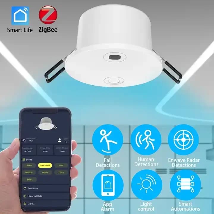 NUOVO Sensore di presenza umana radar a onde millimetriche con rilevamento di cadute Zigbee Tuya da 60G montato a soffitto con controllo app