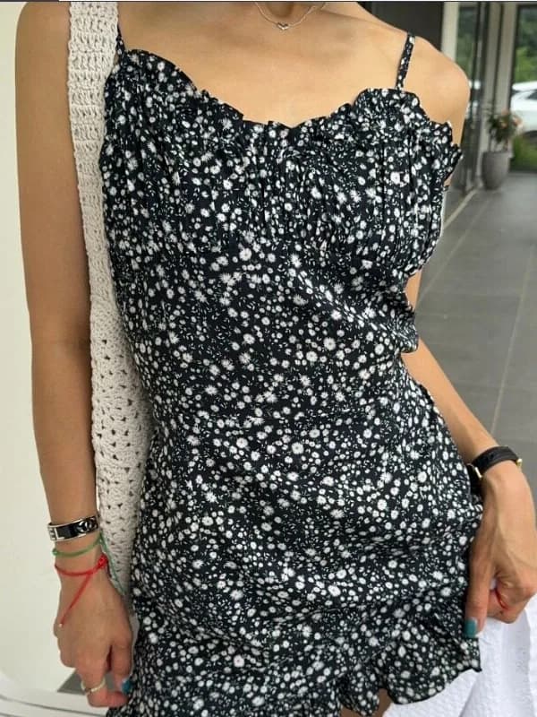 Sexy Strapless Floral Print Dress with Wood Grain Korean Style Spring Autumn Winter Women's Dress for Various Occas...