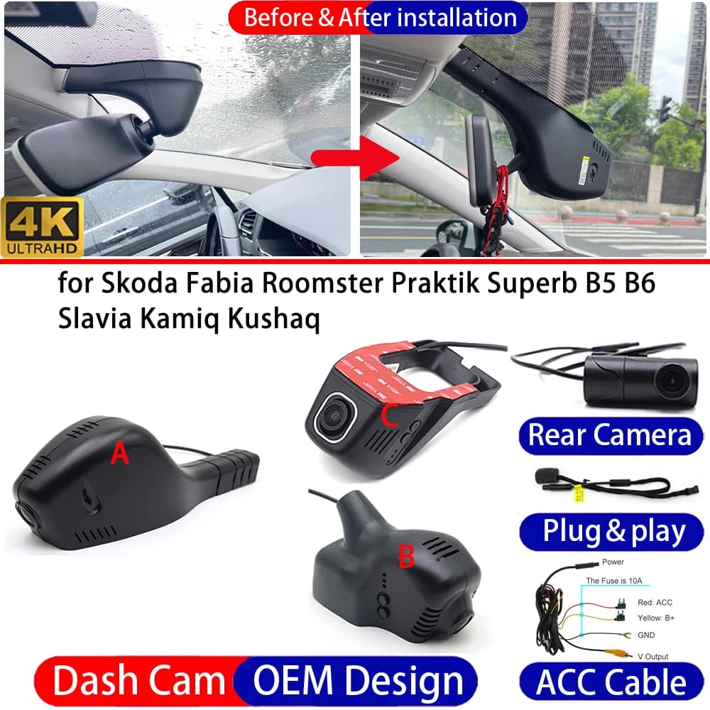 Dash Cam for Skoda Fabia Roomster Praktik Superb B5 B6 Slavia Kamiq Kushaq Car 4K UHD DVR Driving Recorder Dashboard Camera