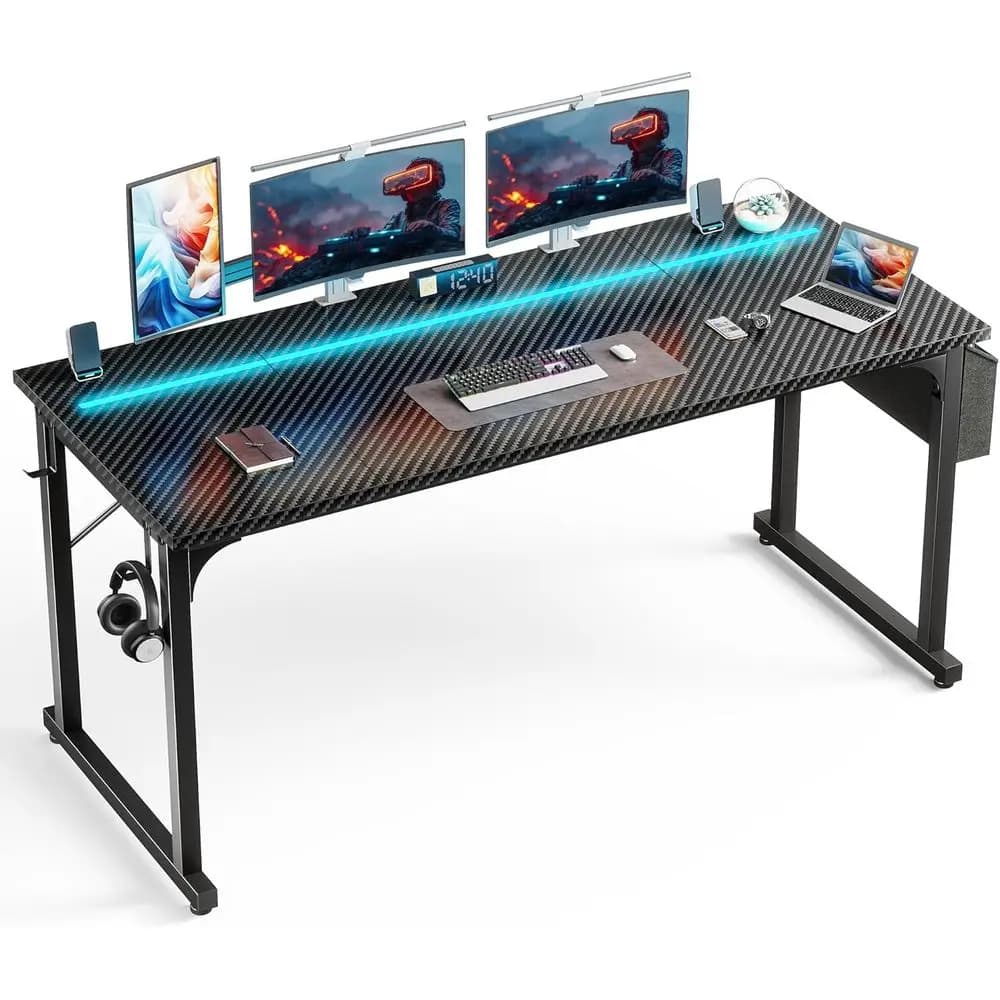 Scrivania da Gaming da 63 Pollici con Luci LED, Scrivania per Computer con Borsa Portaoggetti o per Ufficio Domestico, Scrivania Lunga con Gancio o per Studio, Scrittura e Lavoro in Legno