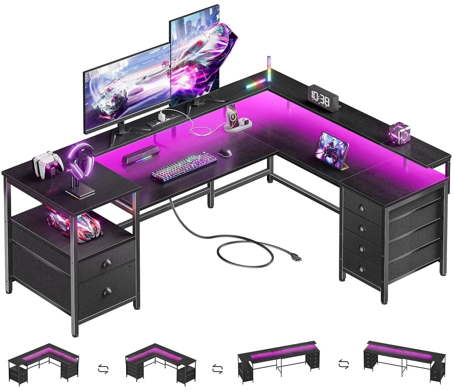L Shaped Gaming Desk with 6 Drawers, LED, Outlets, Reversible Corner Desk with Storage, Monitor Stand, 66", Customized