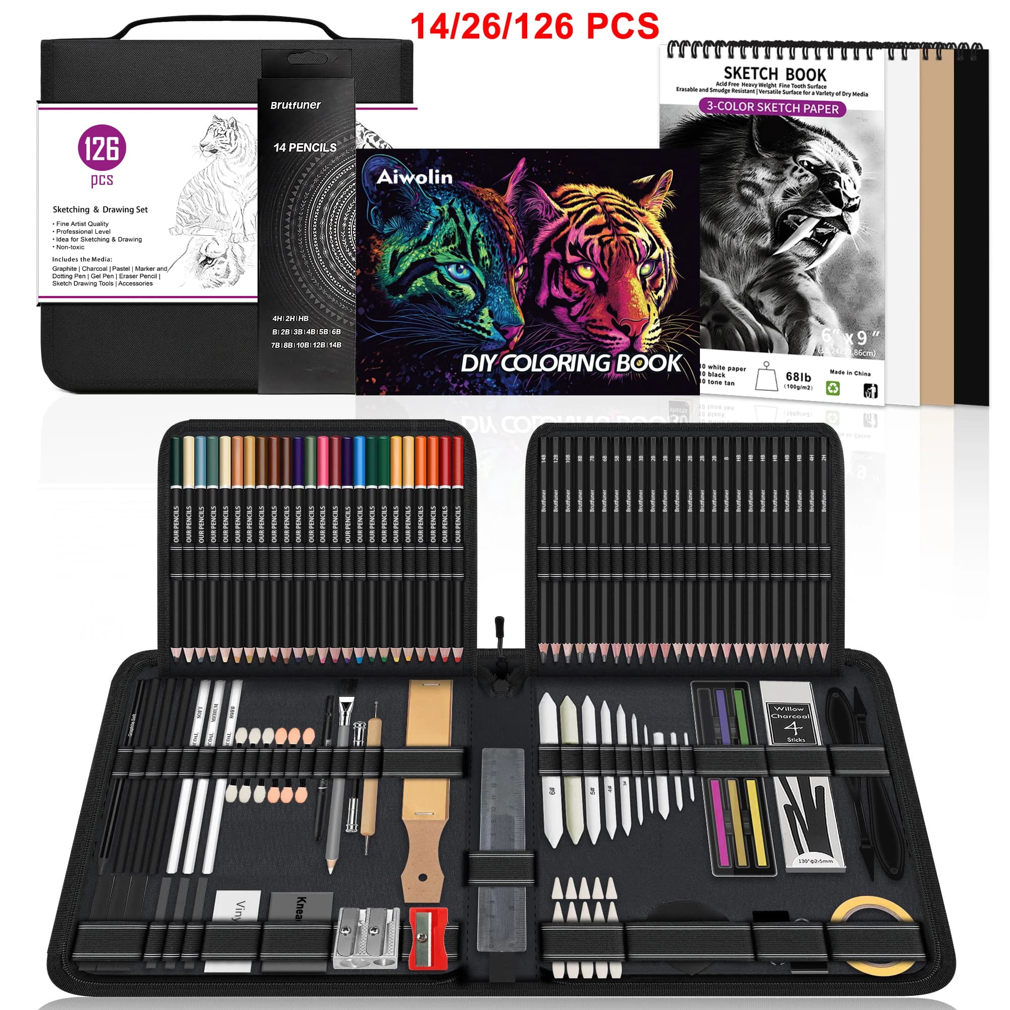 14/26/64/126 PCS Drawing Kit Sketching Pencil Set,Art Supplies with 3-Color Sketchbook,Graphite,Charcoal,Blending Tools