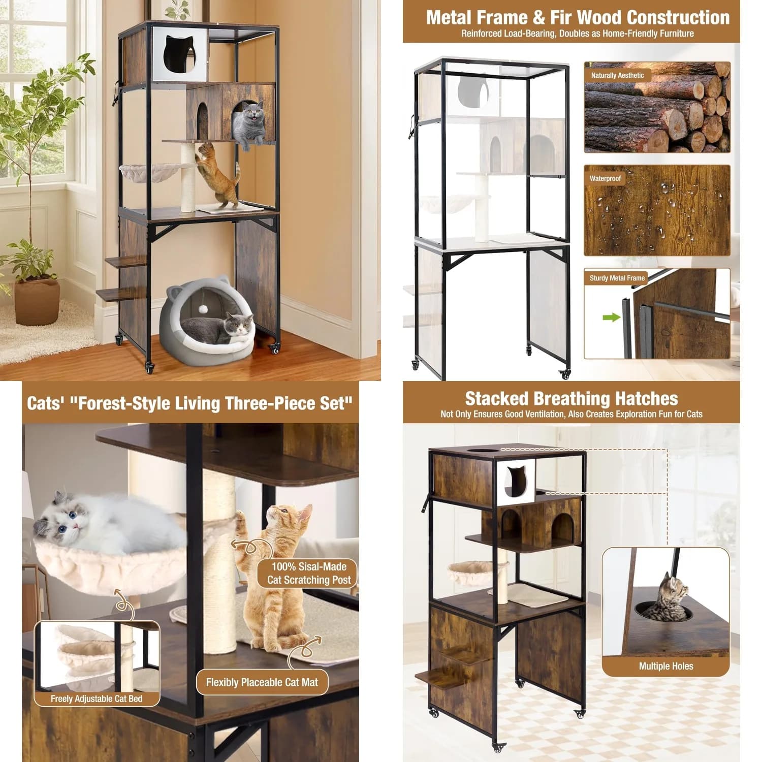 Torre per Gatti con Box Lettiera Integrato, Albero per Gatti in Legno con Tiragraffi, Struttura Robusta in Metallo, Personalizzabile