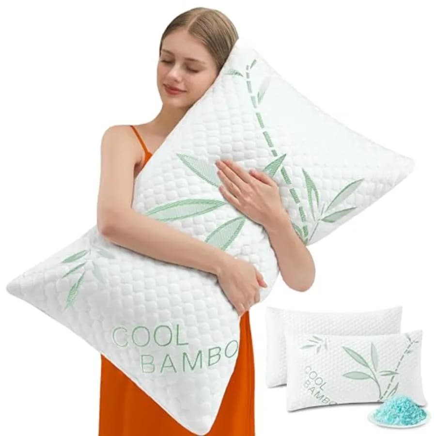 Memory Foam Pillows, Cooling Pillows Queen Size Set of 2 Adjustable Firm Bamboo Bed Pillows for Hot, Side, Back and Stomach Sle