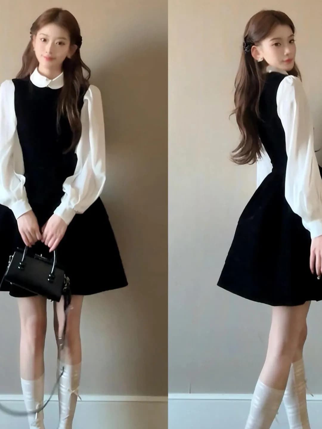 Complete Set Shirt Vest Dress Hepburn Style Plus Sizes Women, Vintage Sweet Unique Beautiful, with Long Sleeve Shirt and Round Neck, Ideal for Spring