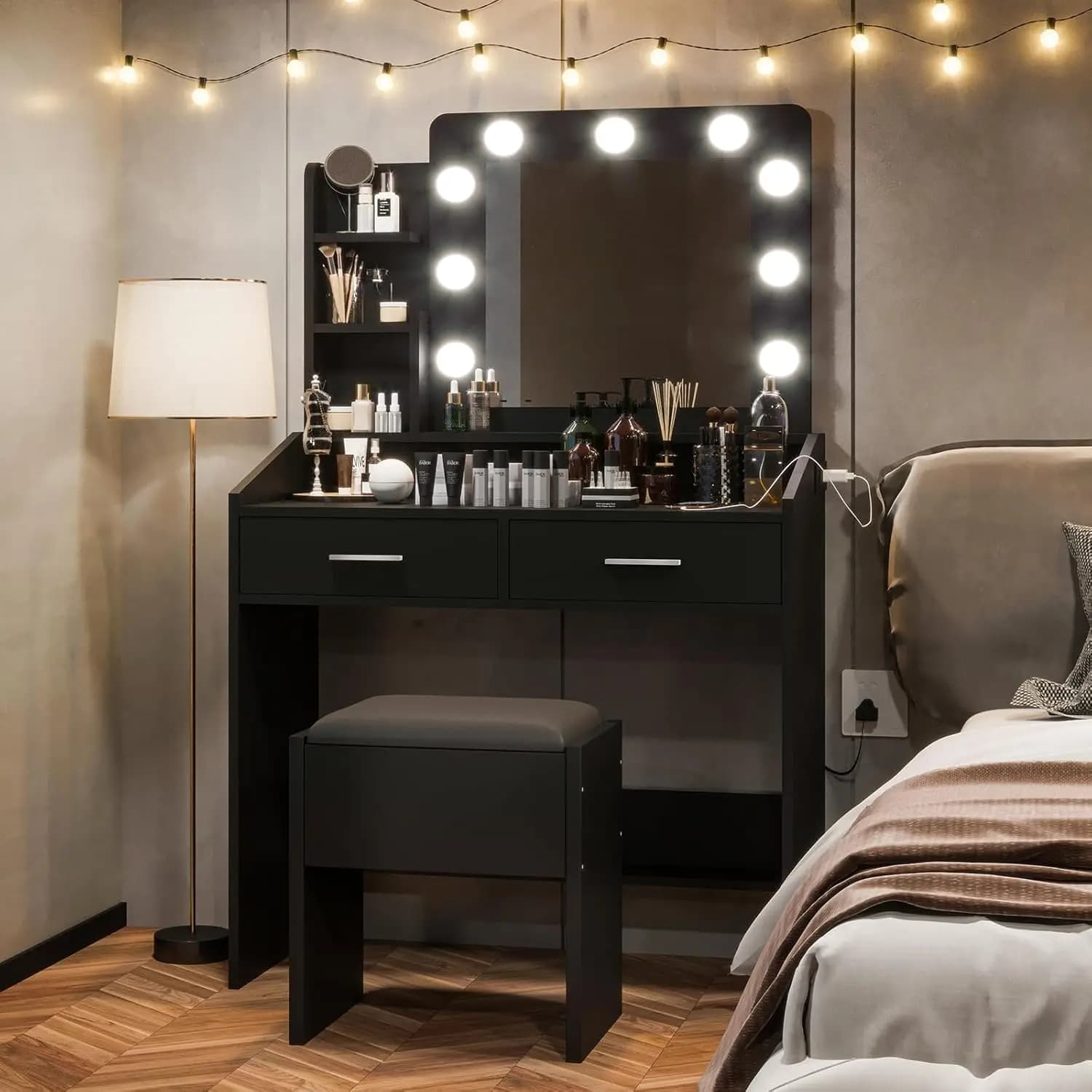 Toeletta Nera con Grande Specchio, Presa di Corrente, 2 Cassetti, Sgabello Imbottito, Luci Regolabili, Supporto per Asciugacapelli, Personalizzabile per Camera da Letto