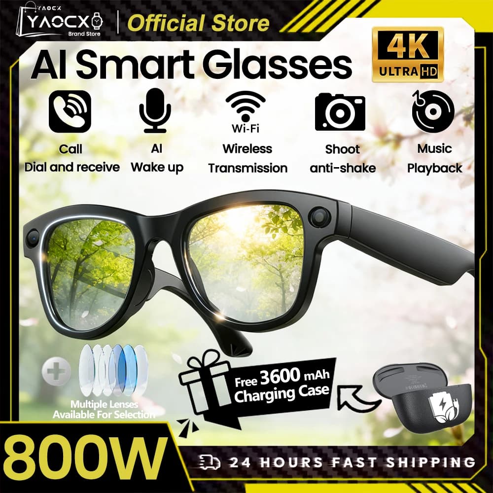 2026 4K HD AI Smart Glasses 32GB Storage 800 MP Camera WiFi Transfer Call BT Chat Voice assistant GPT with charging case 3600 mAh