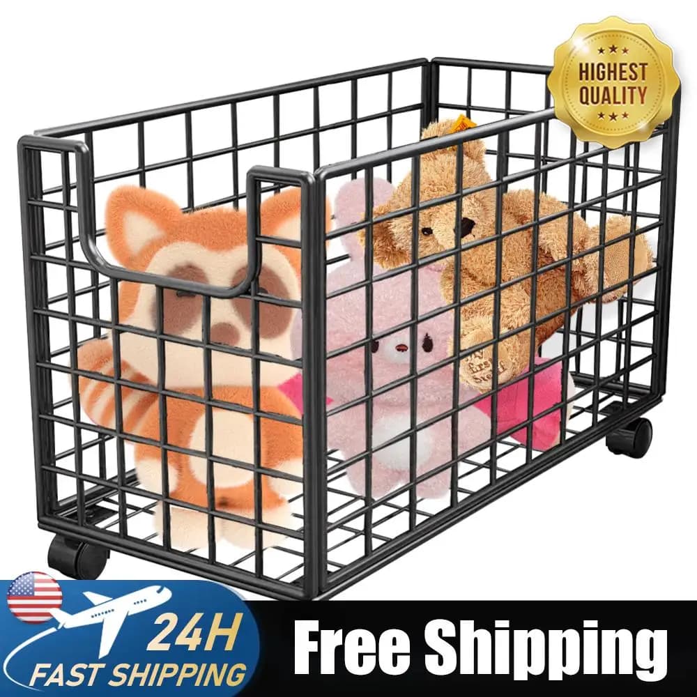 Organizzatore per Peluche con Ruote, Cesto Portaoggetti in Metallo per Cameretta Bambini e Sala Giochi