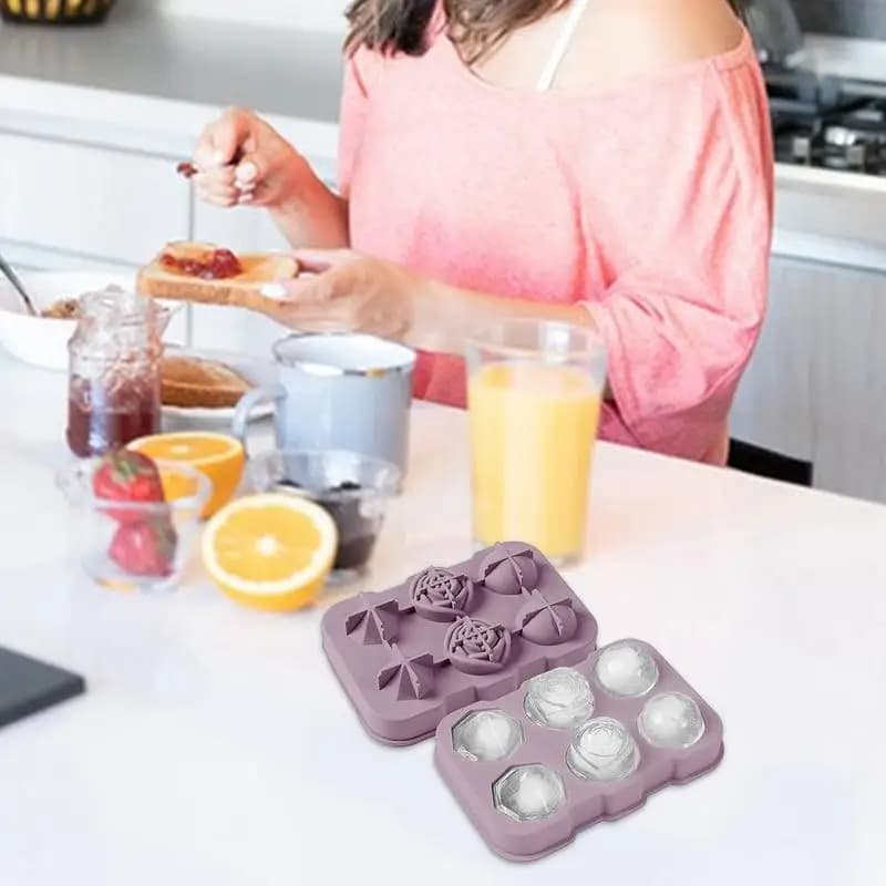 Stampo per palline di ghiaccio rosa, sfera rotonda in silicone a forma di fiore, 6 fori, strumento per la creazione di crema per il congelamento di fiori, per refrigerare cocktail di whisky