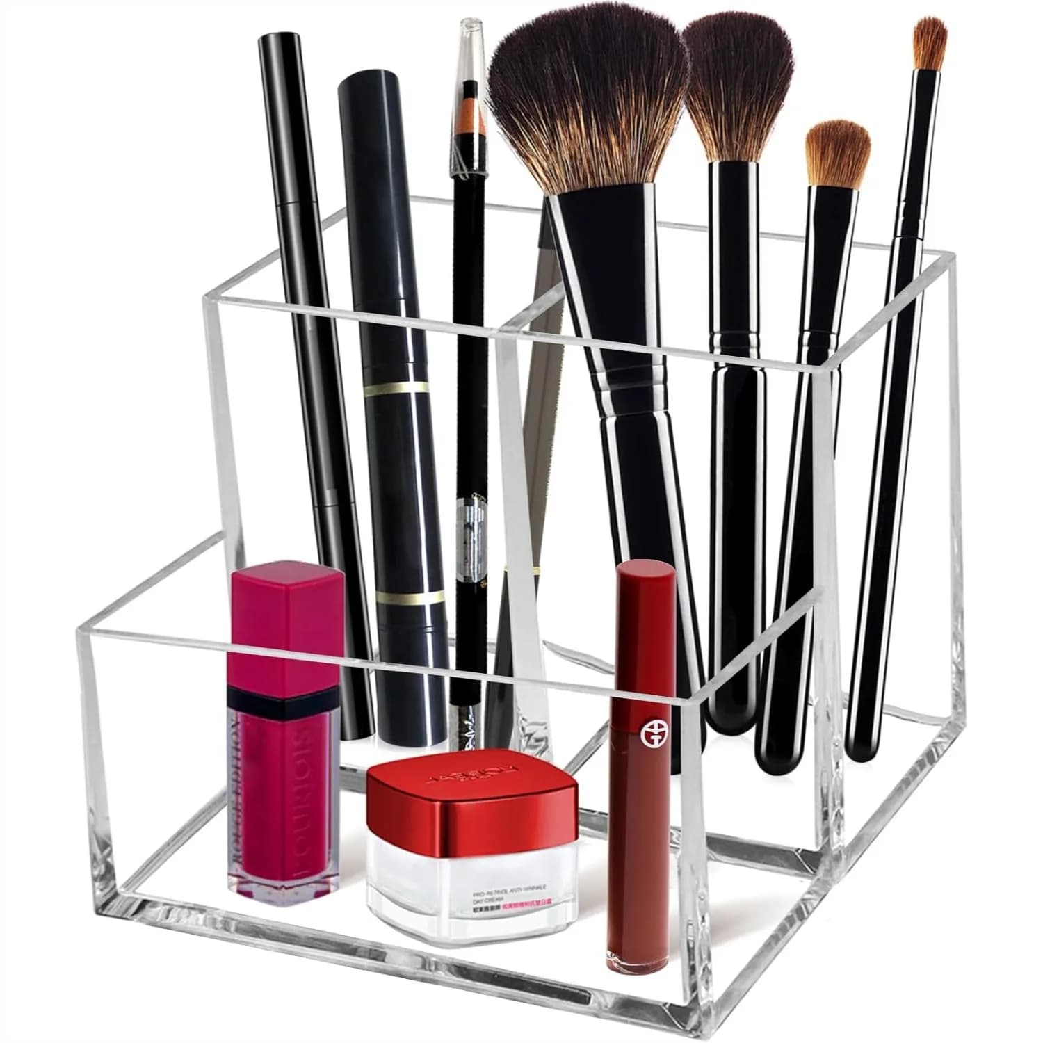 Organizzatore per Pennelli da Trucco in Acrilico Trasparente, Porta Pennelli Cosmetici Multiuso con 3 Scomparti per Scrivania e Toeletta