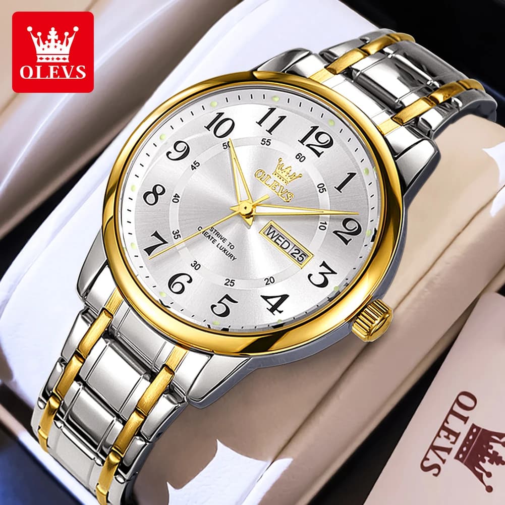 OLEVS men's casual fashion watches Waterproof quartz wristwatch with double calendar in Arabic numerals scale for men Original brand wristwatch