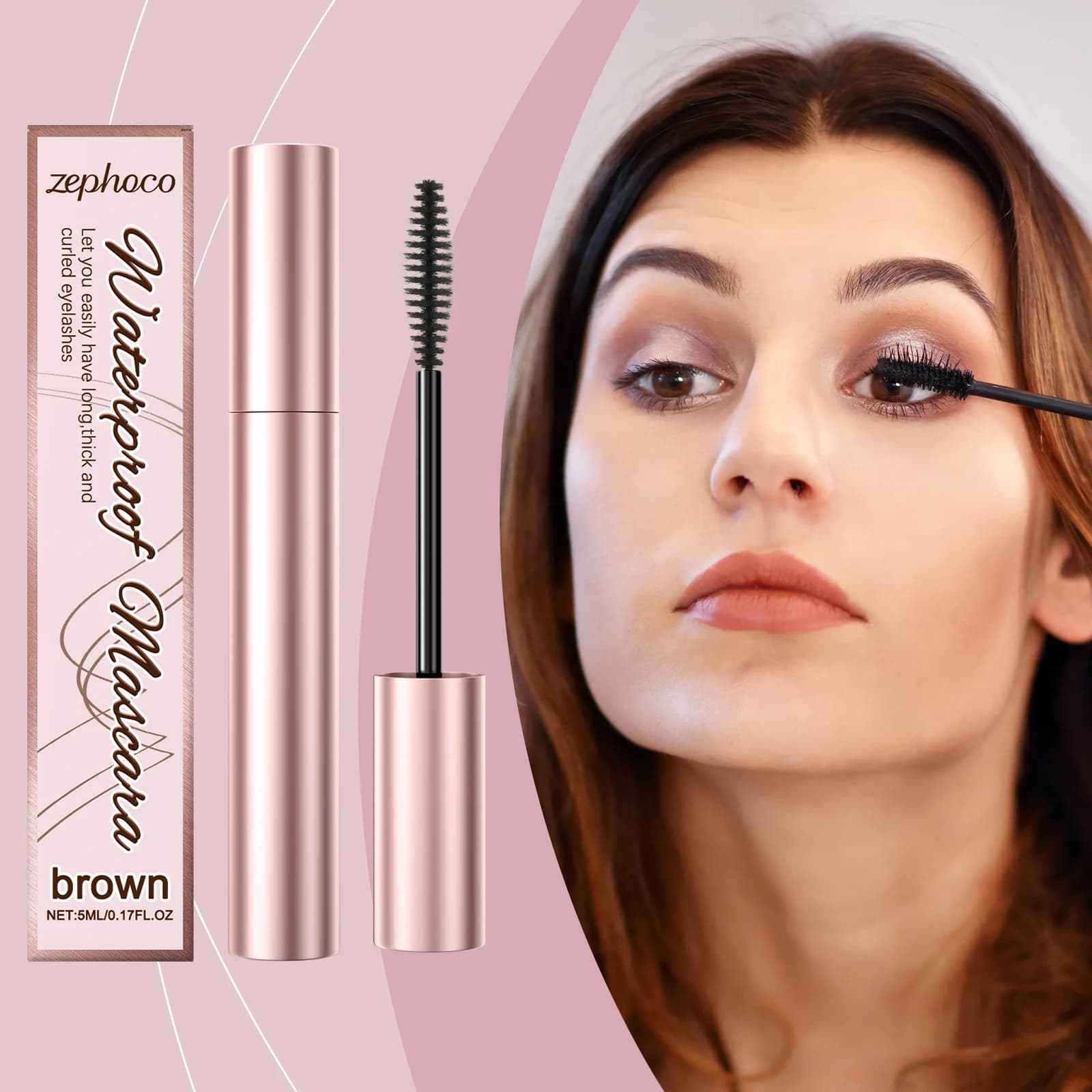 Zephoco Brown Wavy Mascara - Daily Moisturizing Long-Lasting Smudge-Proof Curling Eye Makeup for Natural Look Easy Apply