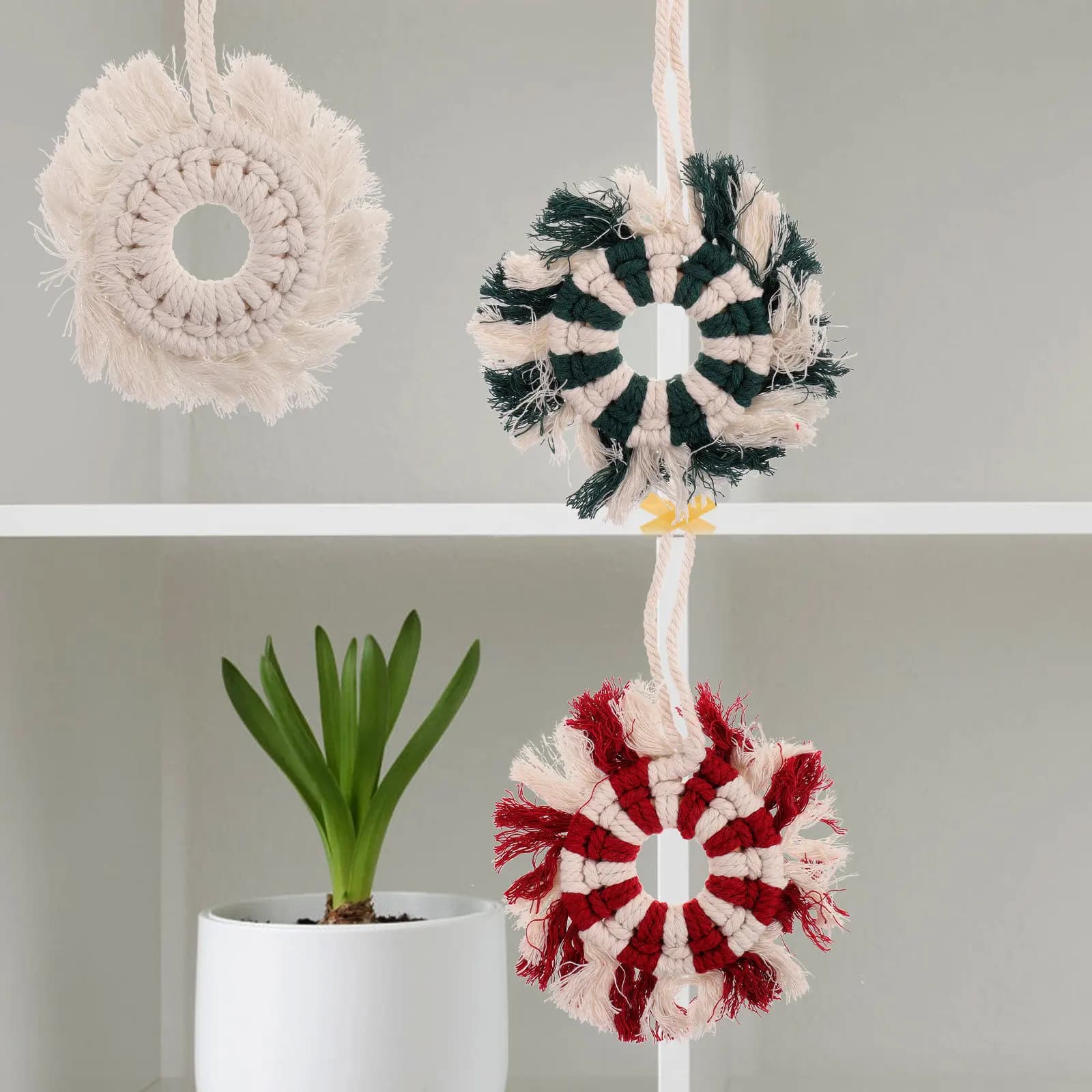3Pcs Bohemian Tapestry Wall Hanging Hand-Woven Cotton Macrame Decor with Wooden Rods for Bedroom Living Room Wedding Home Office