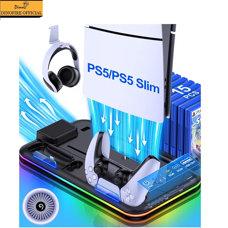 Accessori da gioco Dinofire per PS5 Slim Stand Stazione di raffreddamento PS5 RGB con ventola di raffreddamento Caricatore doppio controller per Playstation5