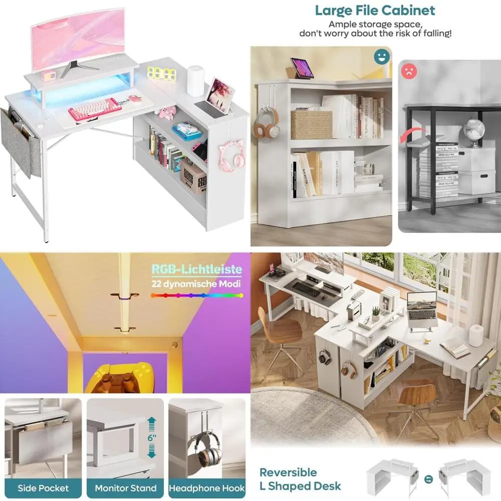 L-shaped gaming desk with LED lighting, computer desk 42 with display support and storage cabinet, ideal for writing and studying