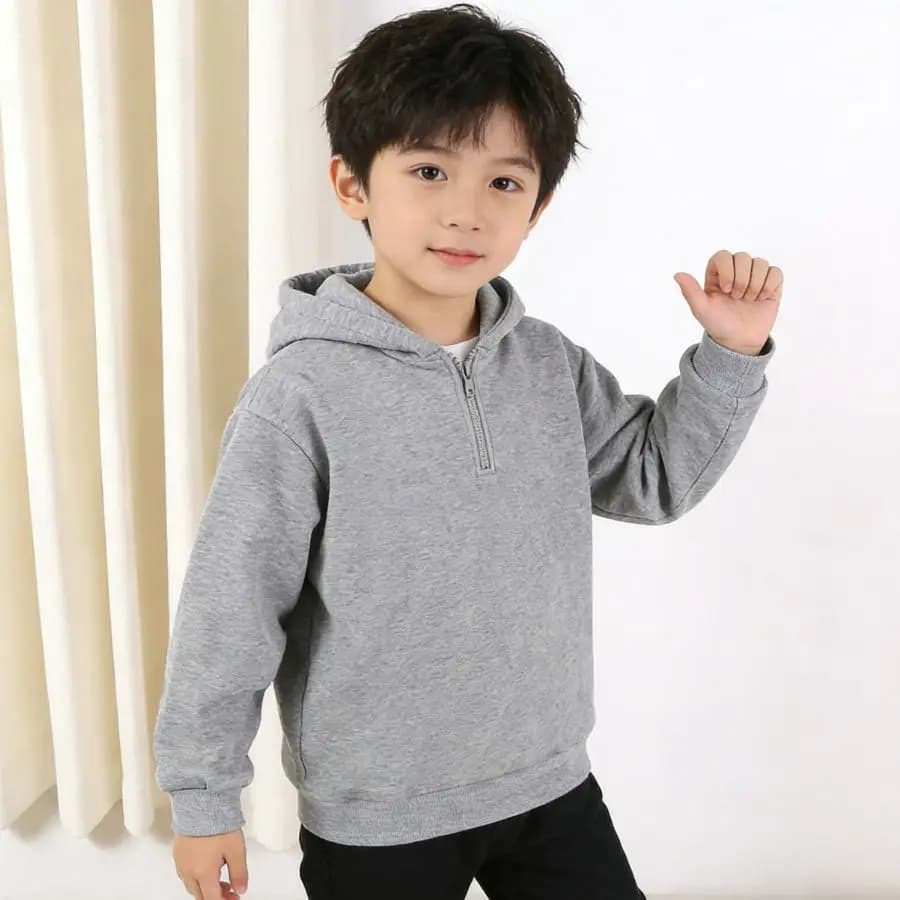 Felpa con Cappuccio Grigia per Bambini e Bambine, Pullover alla Moda con Zip a un Quarto, in Morbido Cotone a Maniche Lunghe, per Uso Quotidiano