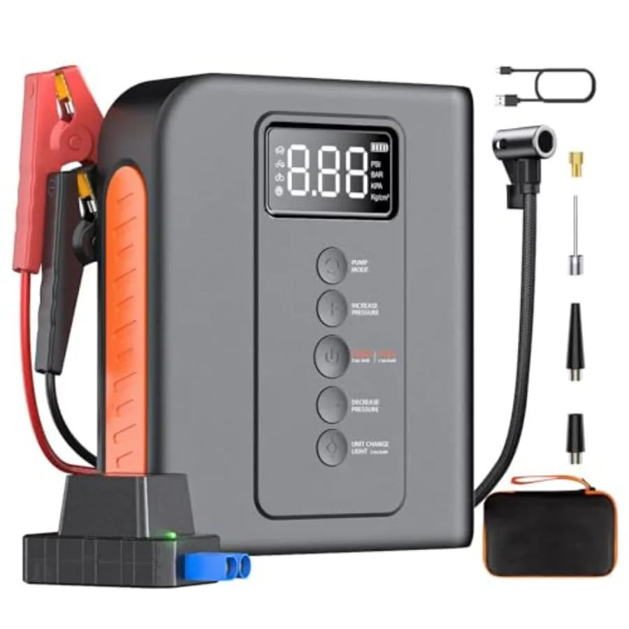 Avviatore di Emergenza Portatile con Compressore d'Aria 10000mAh per Auto, Gonfiatore Pneumatici 150PSI, Ricarica USB, Luce LED per Tutti i Veicoli a Benzina e