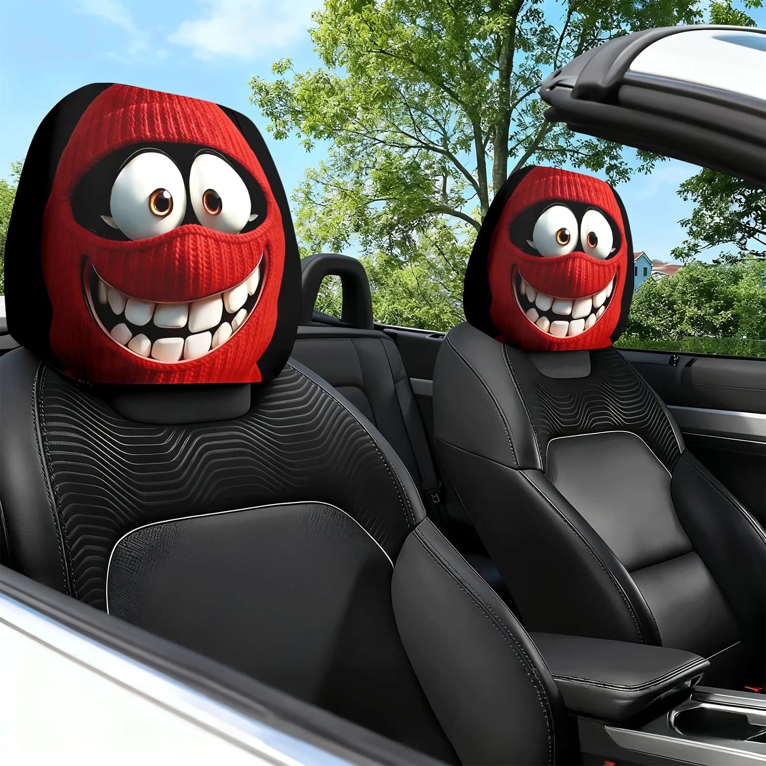 2 Pezzi Copricuscino per Poggiatesta Auto con Stampa Mostro Sorridente con Cappello Rosso - Design Carino - Cuscino Lombare per Interni Auto