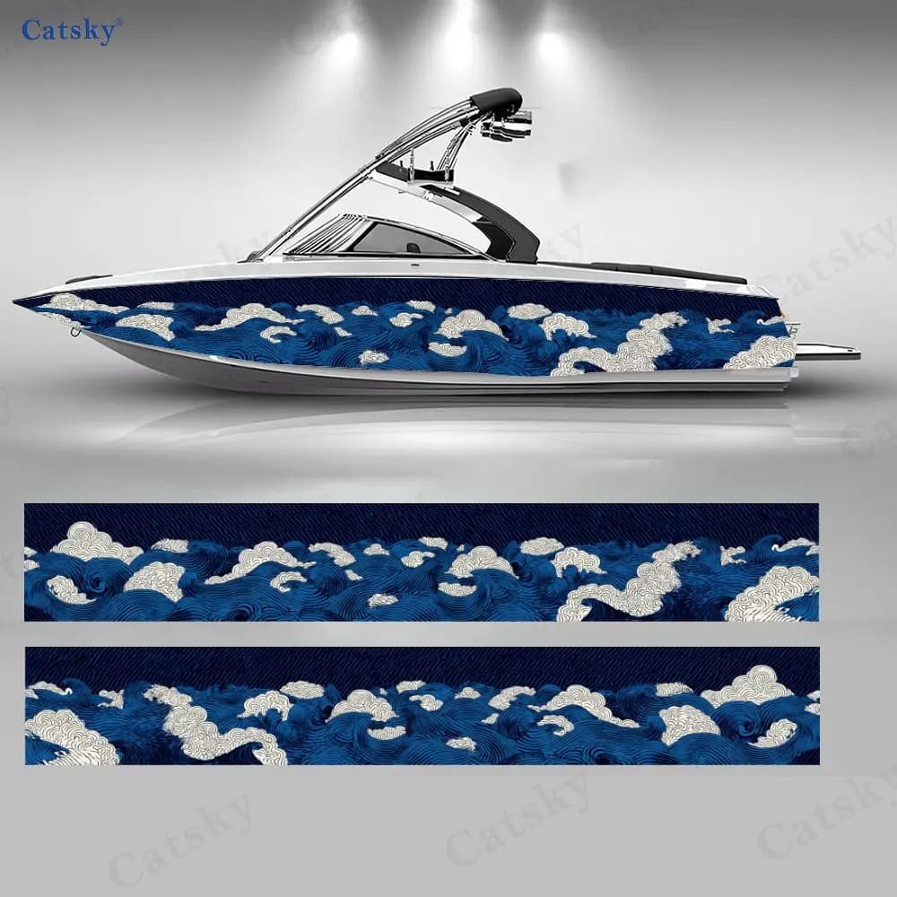 Adesivi per Barche con Ancora e Onde Blu e Bianche, Decalcomanie in Vinile PVC Impermeabili e Durevoli per Barche da Pesca, Design Resistente ed Elegante