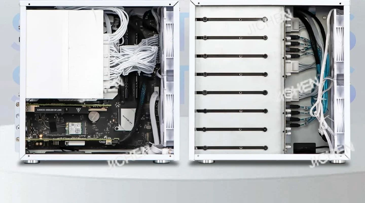 Chassis NAS a 8 dischi con scheda madre MATX, backplane SATA, alimentatore ATX e slot PCIe full-height per archiviazione domestica